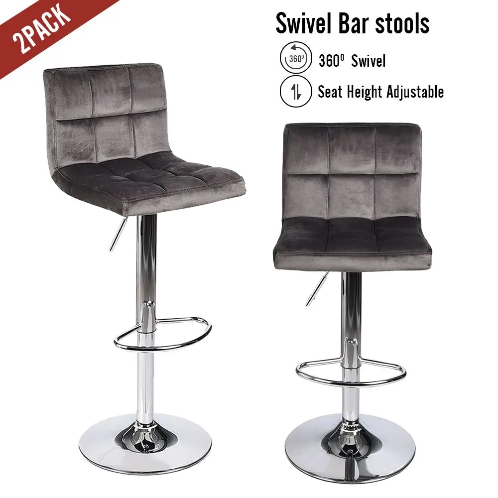 

Set of 2 Barstool Velvet Fabric Cushion Chair Adjustable Swivel Counter Top Home