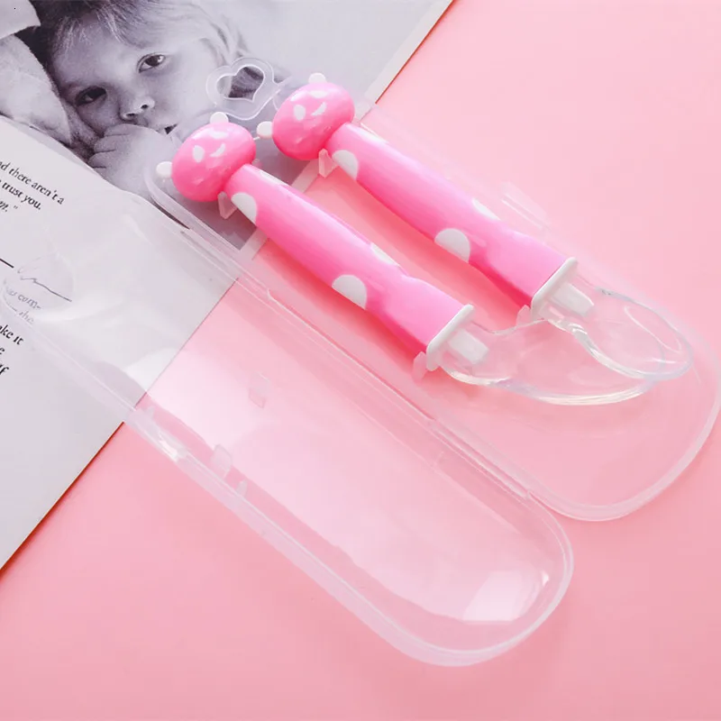 Pink 2 шт., детская силиконовая ложка с рисунком, набор посуды, Детская обеденная тарелка, Детская тренировочная миска, ложка, вилка для детей, без коробки - Цвет: Pink