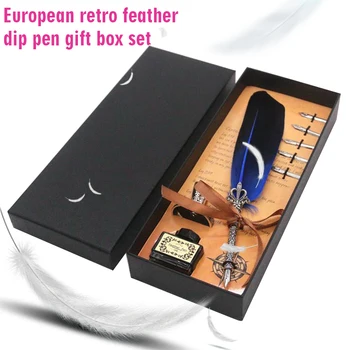 

1 Set Natural Feather Dip Pen 5 Nib Calligraphy Writing Stationery Fountain Pen Gift Box Quill Collection DIP Office Wedding Gif