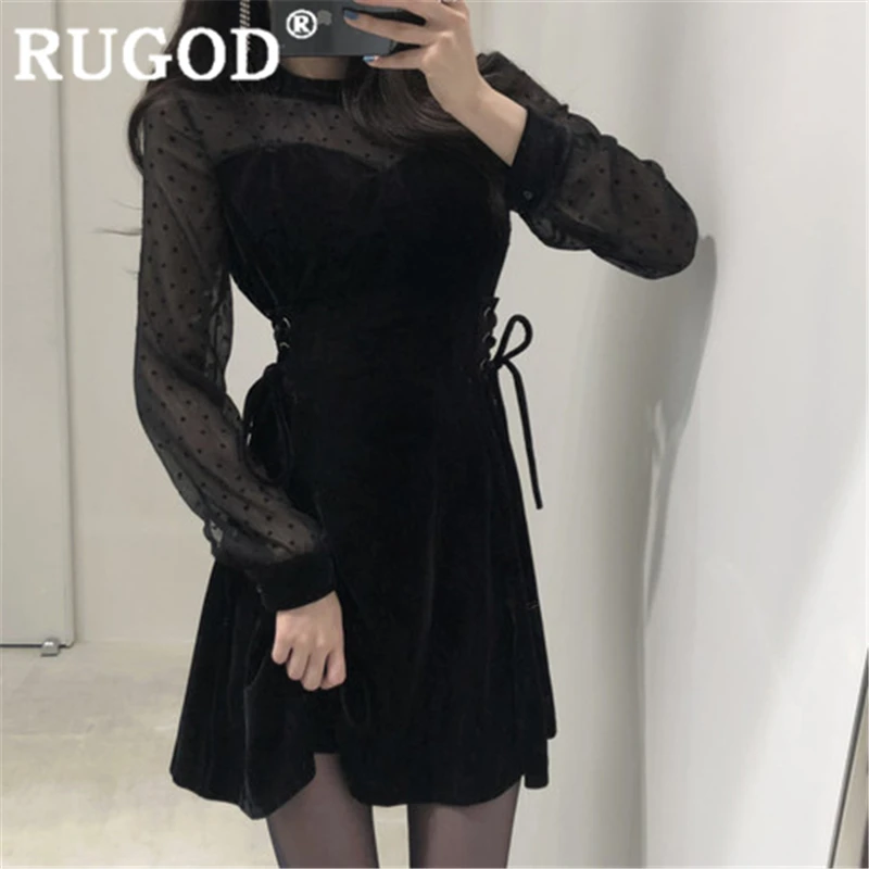 

RUGOD Women solid black dress mesh patchwork o neck long sleeve lace up slim dress 2019 new fashion femme elegant robe vestidos