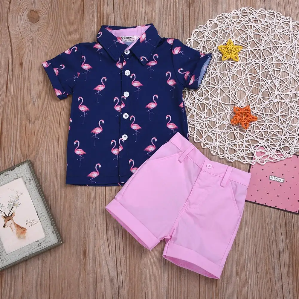 

BORUMEX 2019 new summer boy suit flamingo short-sleeved printed shirt five pants two sets of children's casual wear