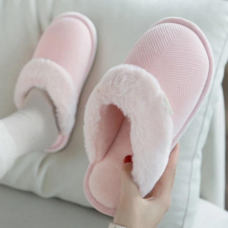 Puimentiua Women Winter Warm Indoor Slippers Women's Solid Soft Plush Flip Flops Home Shoes Cotton Home Slippers Couples