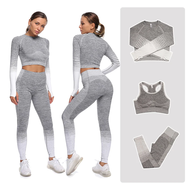 Yoga Sets Women Gym Clothes Sportwear Woman Fitness 2 Piece Long Sleeve Seamless High Waist Leggings Set 3 Pcs Sports Suit | Спорт и