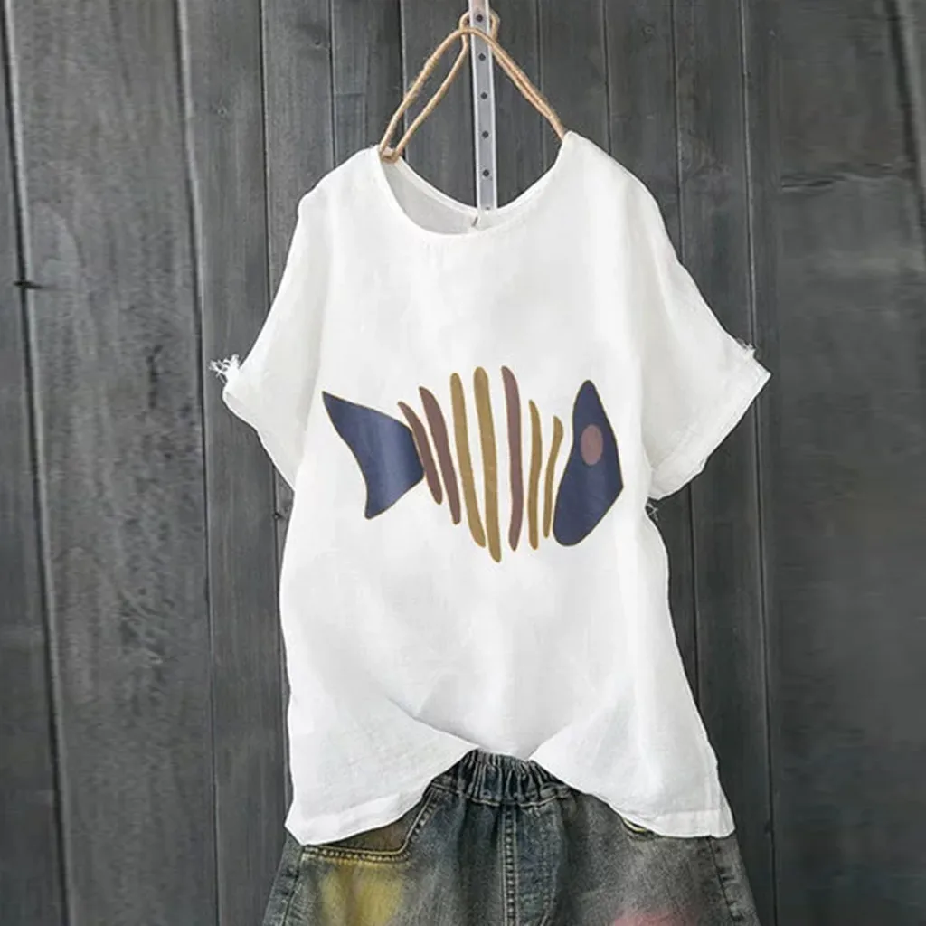 

Spring Summer Hot Sale T-shirt For Women Simple Fishbone Print short-sleeved Cotton Linen T Shirt Loose Fashion Lazy Tops Hot