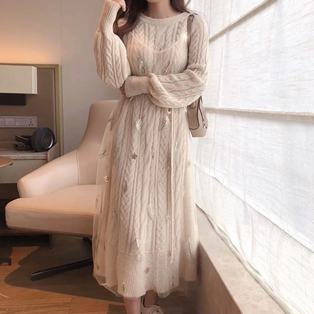 

Designer French Retro Yamamoto Girls Two-piece Suit Autumn Winter Dress Korean Style Women Knitted Sweater Dress Warm Vestido