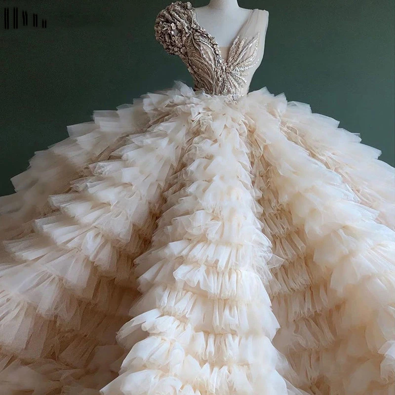 Chic Design Puffy Beige Ruffles Evening Gowns 2020 Aibye Dubai Flower Appliques Beaded Party Dress Prom Dress Robe De Soiree New