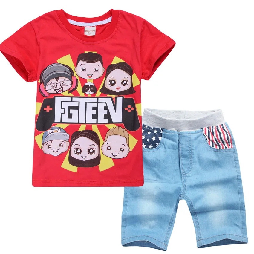 

4-14 2020 Summer FGTeeV GURKEY FUNnel Vision Family Gaming Team Clothing Set Kids Boys T-Shirt+Jeans Denim Shorts Suits 2pcs Set