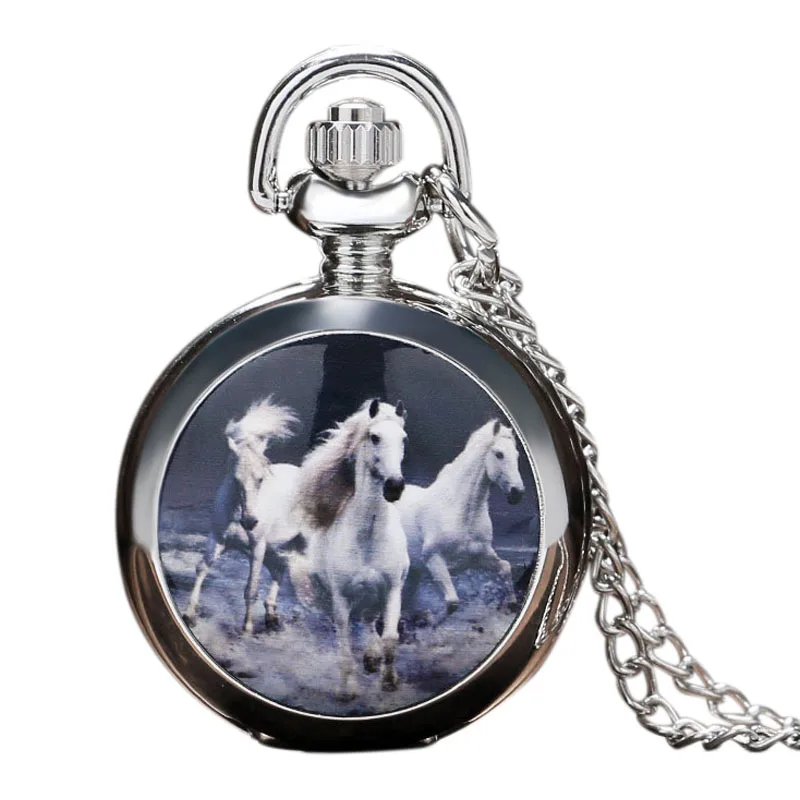 

New Three horse pocket watch white horse pocket watch vintage silver large pocket watch