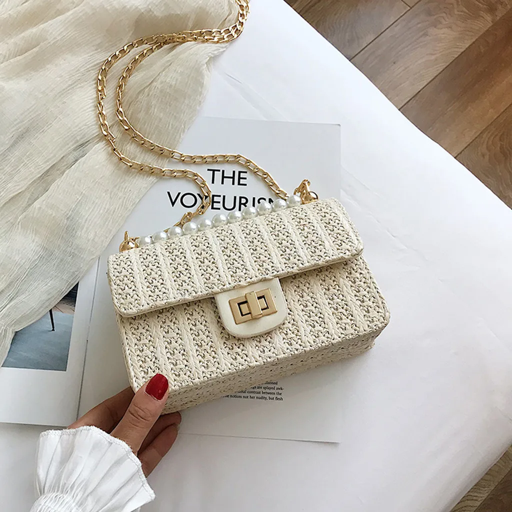 

New Small Square Straw Bag Women Vintage Woven Handmade Rattan Bag Bohemia Vacation Handbags Chain Shoulder Crossbody Bags #H25