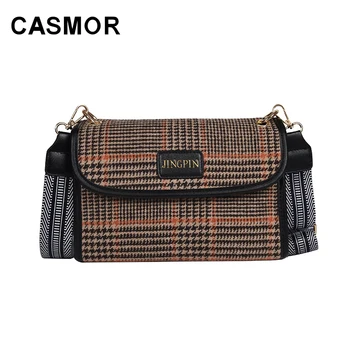 

CASMOR Vintage Flap Bag Women Fashion Western Style Plaid Shoulder Bags Woolen Textured Wide Shoulder Strap Crossbody Bag