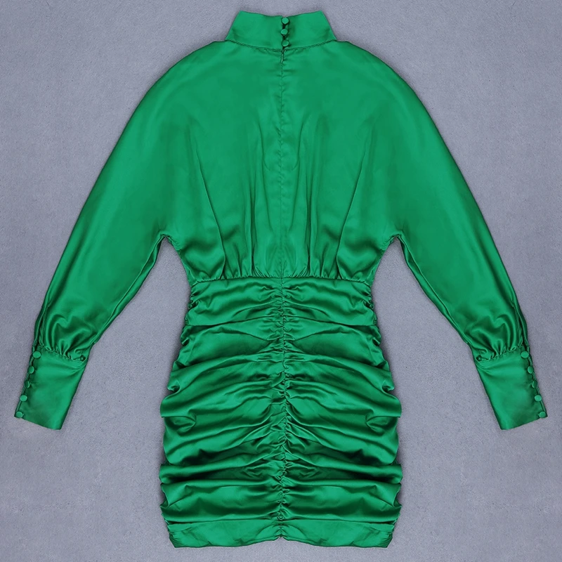 INDRESSME, новинка, сексуальное женское весеннее модное платье, платье со стоячим воротником, Драпированное платье с длинным рукавом, атласное мини-платье, вечерние платья для клуба, зеленое платье