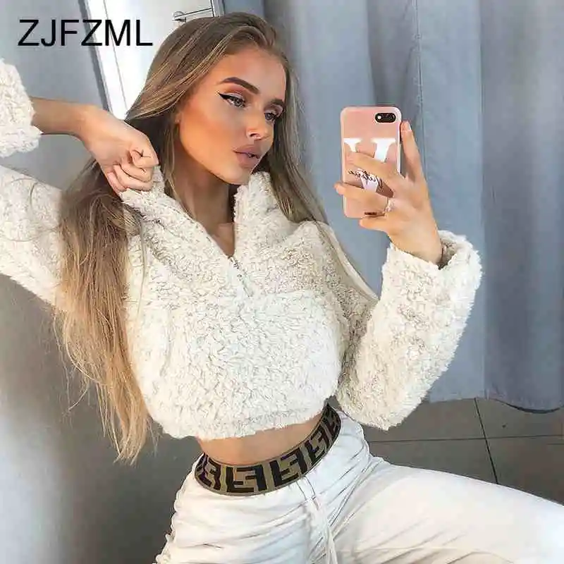 

Hairy Solid Cropped Sweatshirt for Women Zipper Long Sleeve Pullovers Crop Top 2019 Autumn Winter Slim Pocket Casual Sweatshirts