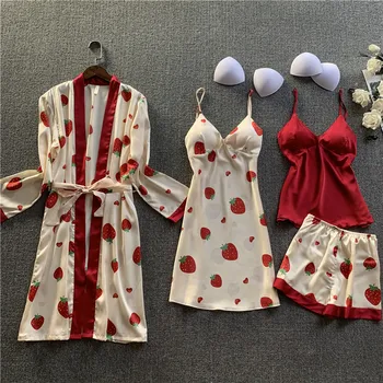 

Female New Simulation Silk Strap Nightdress Nightgown Spring and Summer Sexy Four-piece Pajamas Long Sleeve Sweet Nightwear Suit