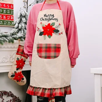 

Red Flower Poinsettia Christmas Kitchen Apron Cotton Linen Universal Apron New Year Xmas Home Decor Household Cleaning Tools