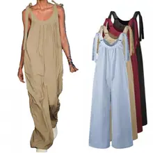 

2021 Casual Women Jumpsuit Solid Color Wide Leg Full Length Summer Lace-up Low Cut Romper Comfortable to wear for Daily Wear