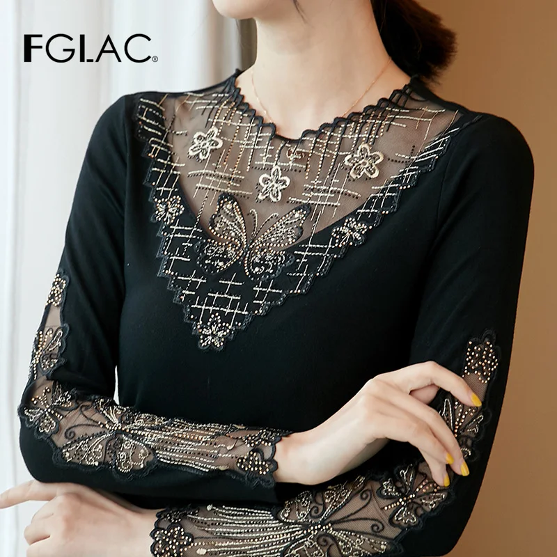 

FGLAC Women mesh t-shirt New 2019 Autumn long sleeve Embroidered Shirt high quality Plus size Diamond women t shirt blusas
