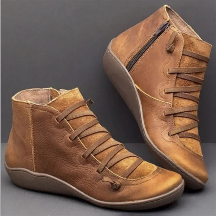 Women's PU Leather Ankle Boots Women Autumn Winter Cross Strappy Vintage Women Punk Boots Flat Ladies Shoes Woman Botas Mujer