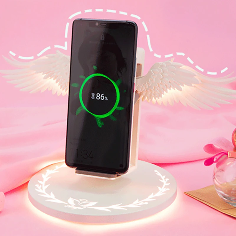 

10W Wireless Charger Angel Wings Night Light Mobile Phone Wireless Charger for Android Apple USB Fast Charge with Night Light