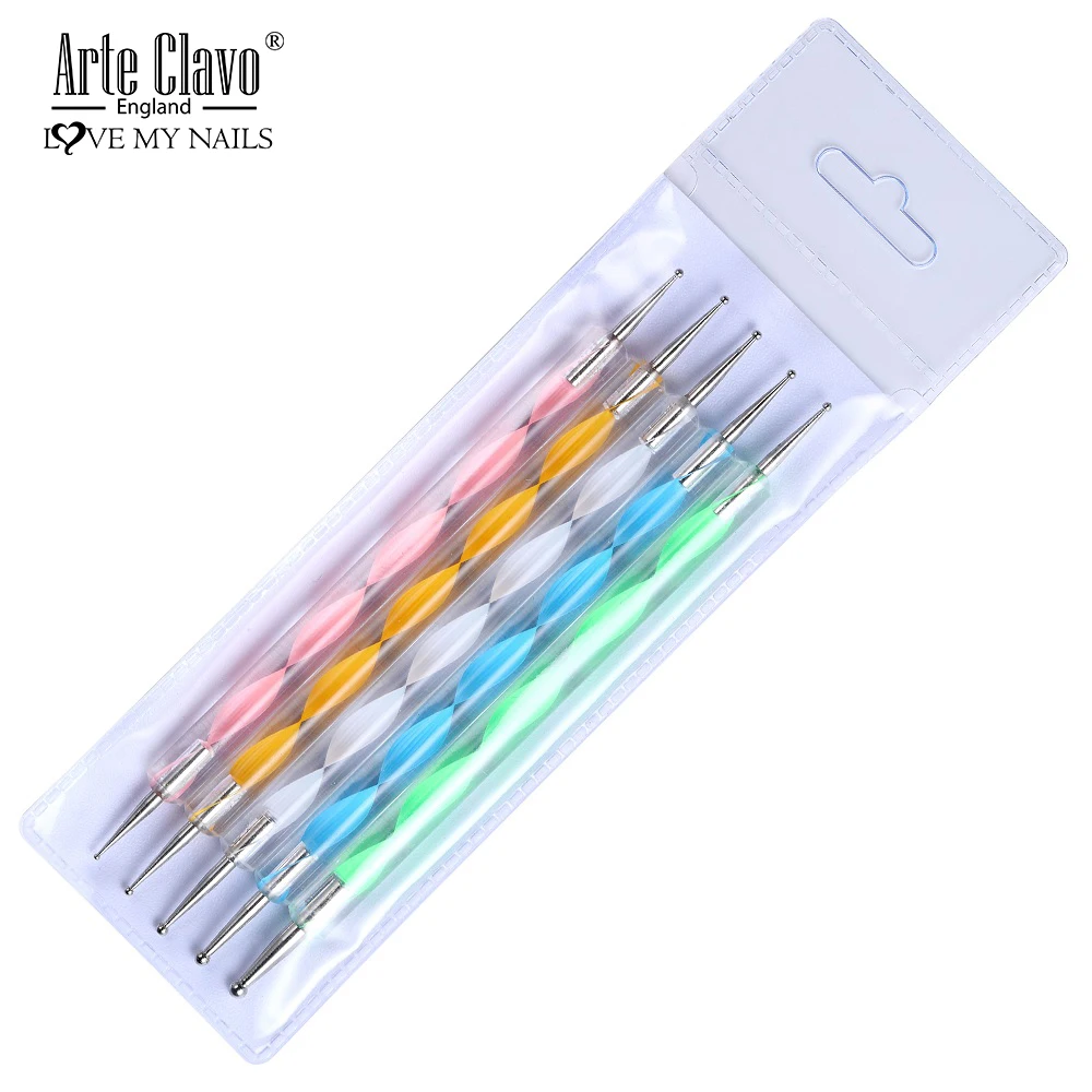 

Arte Clavo Nail Pen 5pcs Professional Nail Art Pen 2 way Dotting Pen Set LED UV Gel Nail Painting Draw Brush Rhinestone Tool Kit