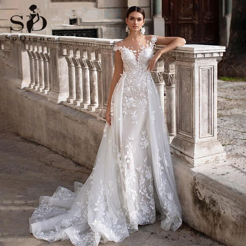 Wedding Dress 2021 Short Sleeves Appliques Mermaid Bridal Dress With Detachable Train...