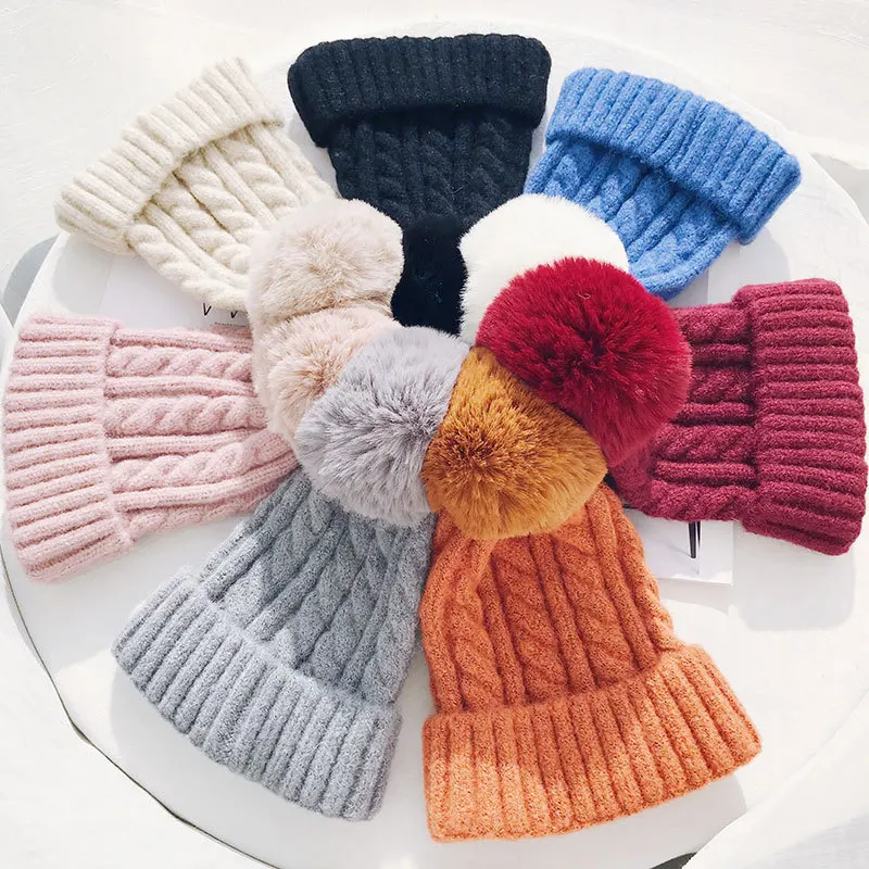 Меховые помпоны, вязаные зимние шапки для женщин, помпоны Skullies Beanies, толстые зимние шапки, пушистые женские шапочки, шапки, теплая шапка