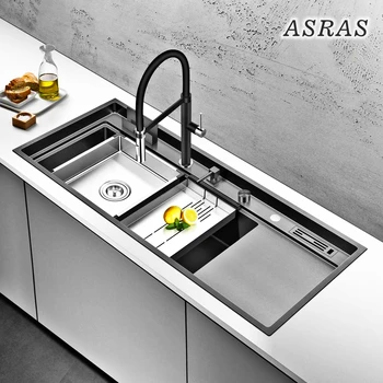 

Asras11850NK Black nano large kitchen sink with faucet & knife holder & draining board thicken 304 stainless steel long sink set