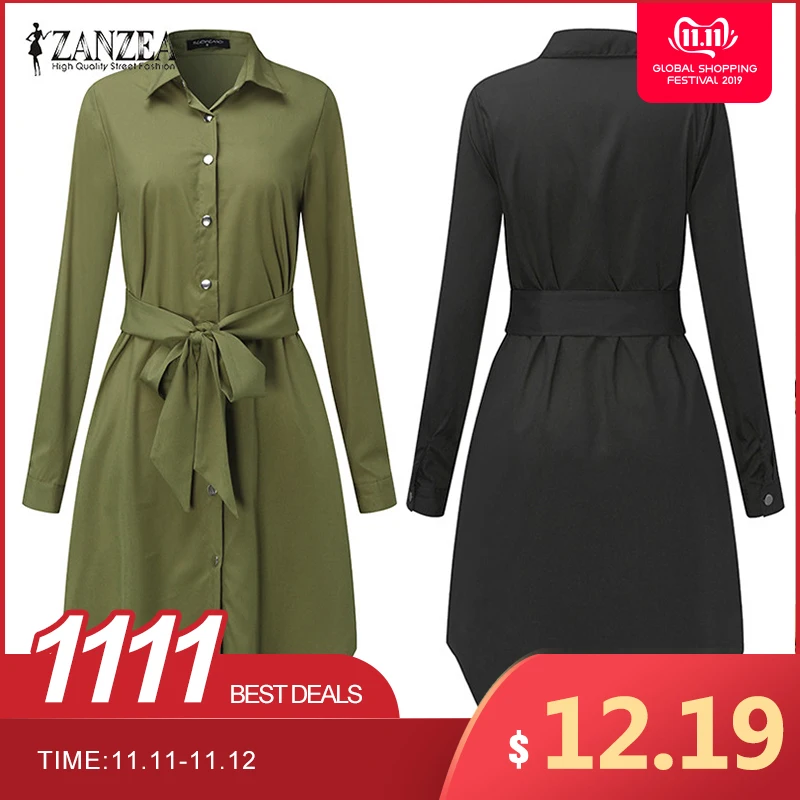 Online Frühling Langarm Bluse Hemd Kleid Mit Gürtel Frauen Übergroßen Midi Kleid Retro Tunika Casual Büroarbeit Vestidos Plus Größe 5XL