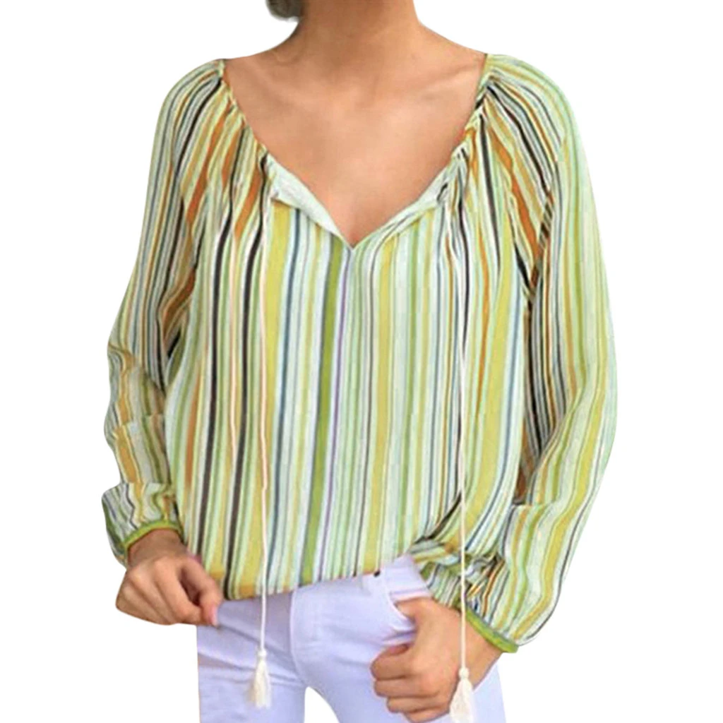 JAYCOSIN Casual Womens Blouse Winter V-Neck Bandage Long Sleeve Loose Tops Stripe Top Ladies Girls 730 | Женская одежда