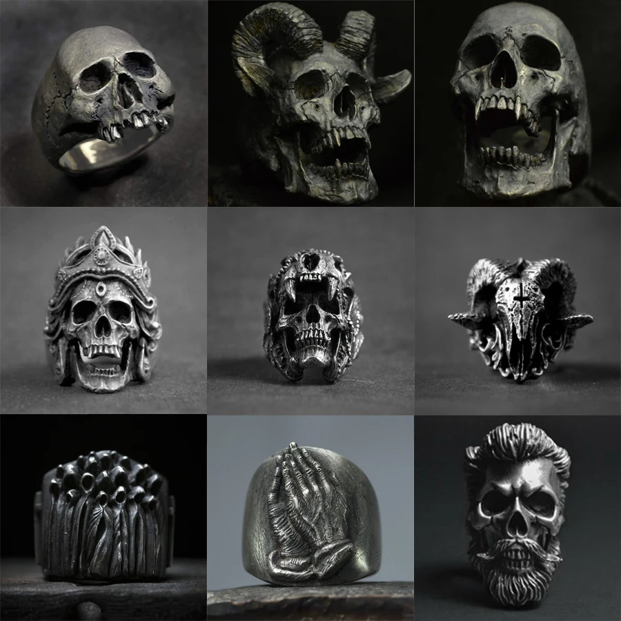 Gothic Punk Satanic Devil Skull Ring Vintage Steampunk Men's Stainless Steel Ring Hiphop Motorcycle Rock Biker Jewelry Wholesale