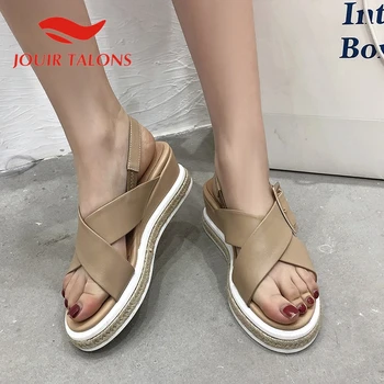

JOUIR TALONS 2020 Brand Design Genuine Leather Women Sandals Wedges Platform Metal Decoration Pumps Summer Casaul Woman Shoes