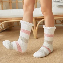 Женские зимние тапочки; ворсистые носки с флисовой подкладкой; нескользящие носки с резиновой пуговицей