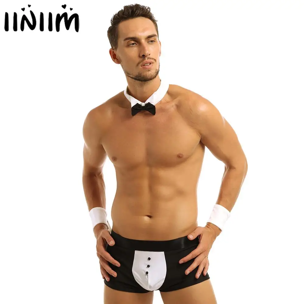 Online Hombre Butler camarero esmoquin Lencería traje Bowknot lindo Boxer Shorts juego ropa interior de los hombres con corbata de moño para brazaletes o collar trajes
