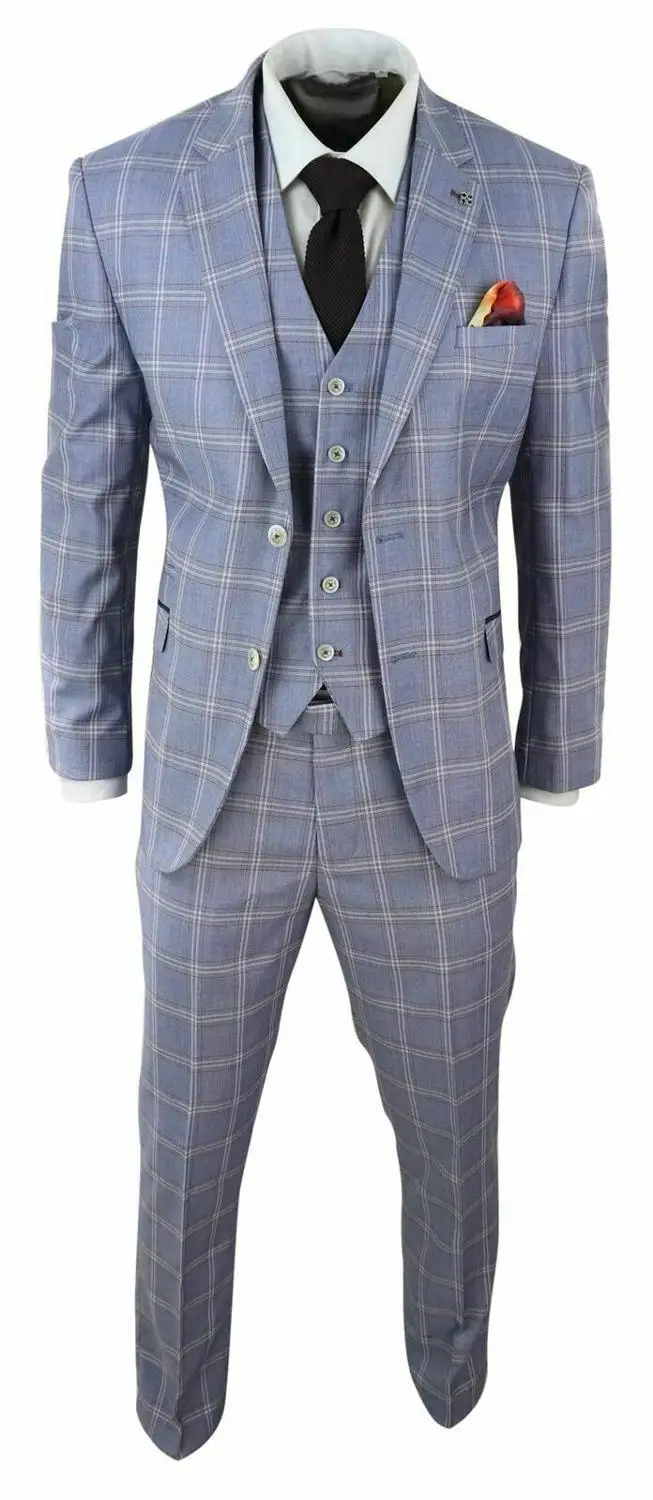 Same as picture Новейший дизайн мужской светильник синий клетчатый костюм из 3 предметов классический костюм умный формальный смокинг - Цвет: Same as picture