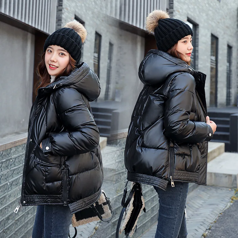 

Winter coat women glossy loose hooded down jacket brief paragraph with thick jacket coat