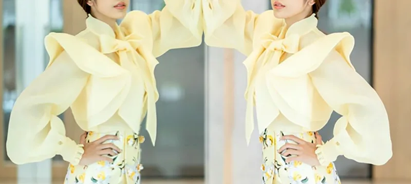CHICEVER перспективная сетчатая женская рубашка с бантом воротник-стойка рукав-фонарик с оборками Блузка женская мода новая одежда