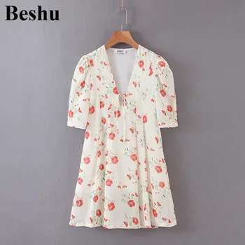 

za 2020 fashion mini dress women beige print chiffon deep V-neck draped lace-up dress shrink waist puff sleeve elegant mujer