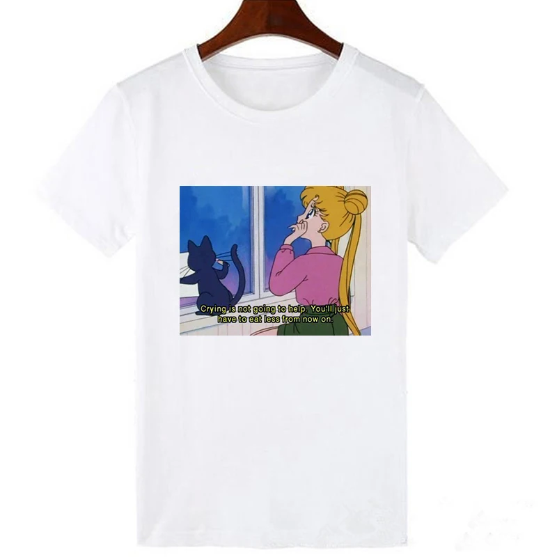 Sailor Moon летняя футболка для женщин Harajuku короткий рукав забавная футболка Ulzzang футболка с милым котом женские футболки с героями мультфильмов - Цвет: 19bk208-white