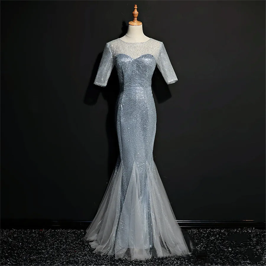 Evening Dresses New O-neck Half-sleeve Formal Dress Women F314 Elegant Floor Length Robe De Soiree Sequin Evening Gowns