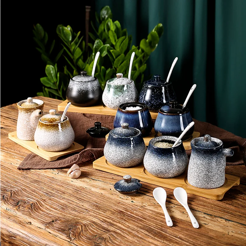 Ceramic Spice Container Seasoning Jar Set Wooden Pallets Salt Shaker Oil Can Vinegar Pot Spice Jar Seasoning Box Organizer