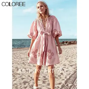 

Pink Cotton And Linen Women Dress 2020 Summer Elegant O-neck Hollow Out Floral Embroidery Loose Casual Dress Female