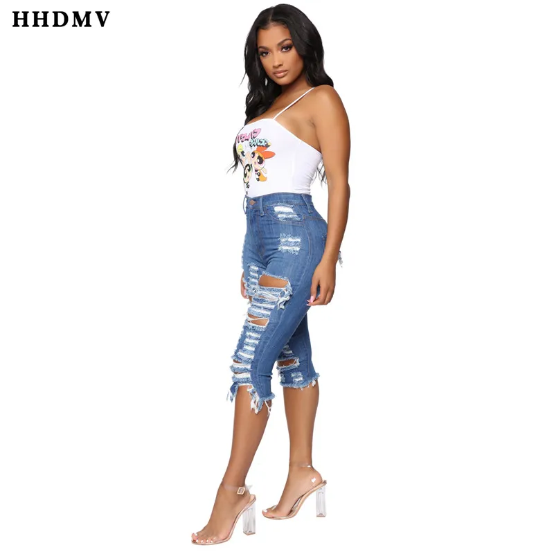 HHDMV GHSF12069 Мода горячая распродажа уменьшения возраста уличный стиль деним брючные пуговицы с дырками, вырезами, до колена "рваные" джинсы Штаны