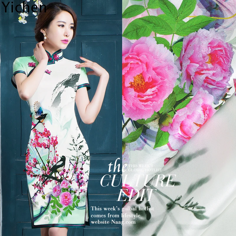 Цветочная Brid печать белая натуральная шелковая ткань с принтом шелковое атласное Настоящее шелковое платье-Чонсам ткань эластичная атласная Magpie