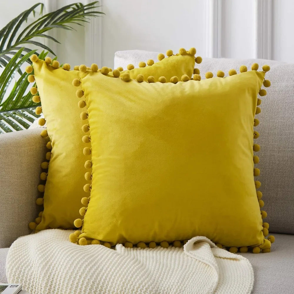 Однотонный бархатный декоративный чехол для подушек, мягкий Бархатный Чехол для подушек с помпоном, домашний диван, белый, серый, желтый, синий чехол для подушек
