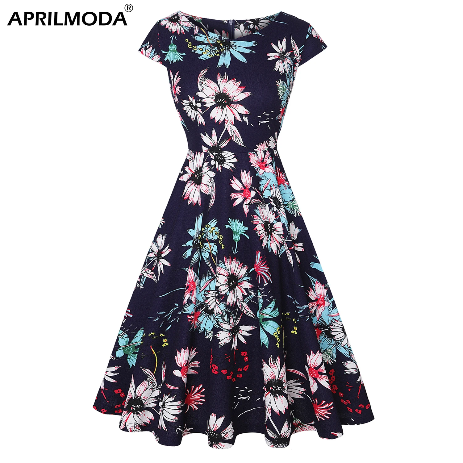 Ladies Sundress Floral Print Vintage Dress Summer Round Neck Short Sleeve A-Line 50s Casual Swing Retro Vestidos |