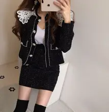 

Korean Fashion 2pcs Set Elegant lace lapel pearl long sleeve jacket and high waist mini skirt women suit short top and skirt