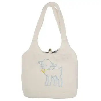

Women Lamb Like Fabric Shoulder Bag Simple Canvas Handbag Tote Large Capacity Embroidery Shopping Bag Cute Book Bags For Girls