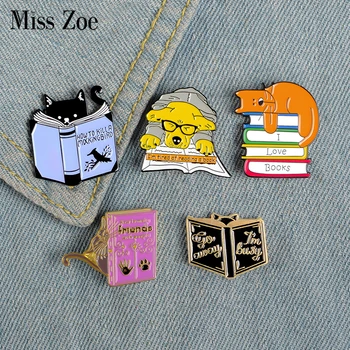 

I Love Books Enamel Pin Custom Dog Cat Brooches Bag Clothes Lapel Pin Animal Reading Badge Puppy Jewelry Gift for Kids Friend