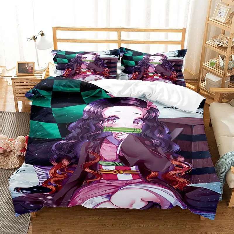 Demon Slayer Bedding Set with Zipper Pillowcases Polyester Microfiber 2/3 Piece Anime Comforter Set Bedspreads for Home Decor