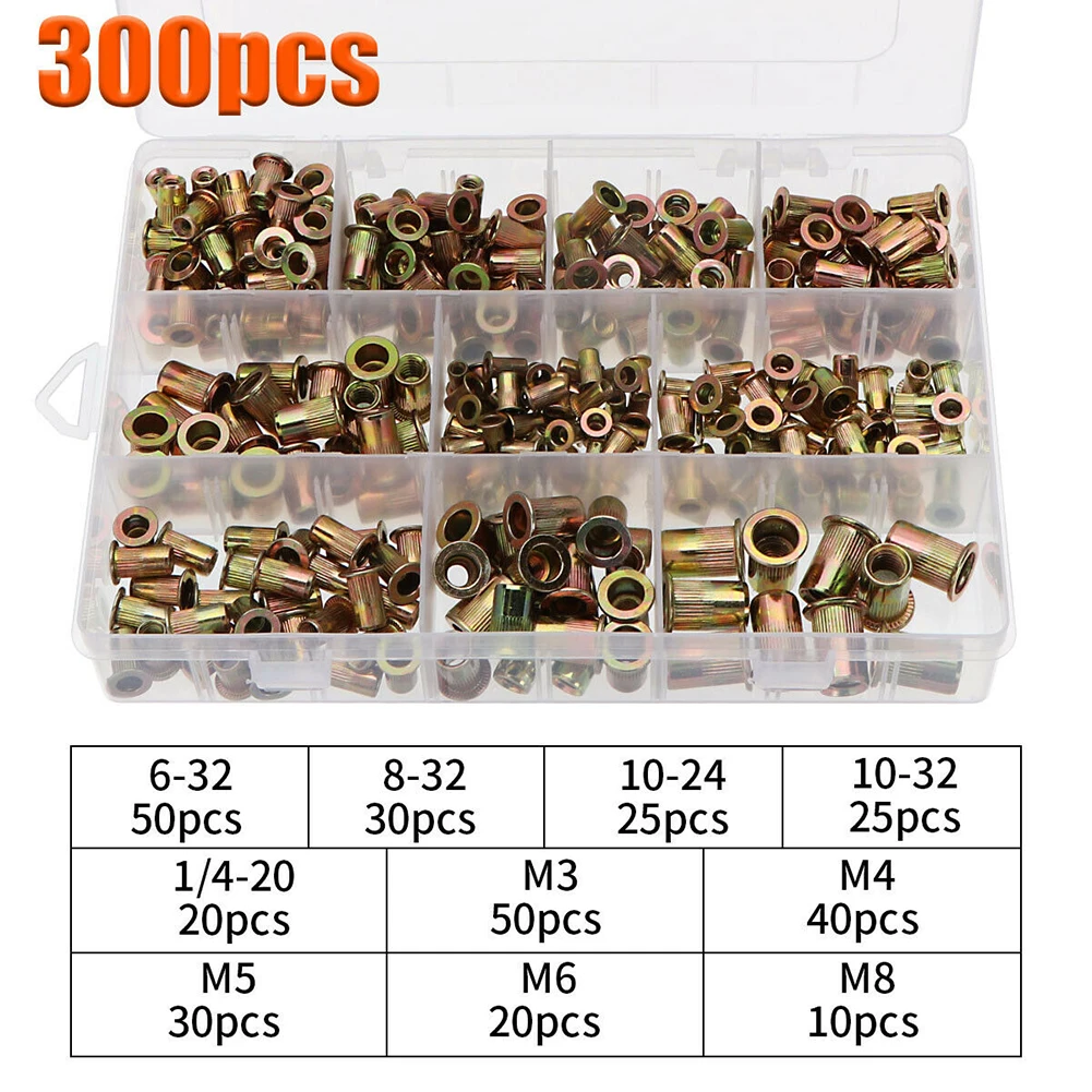 

300pcs Zinc Plated Steel Rivet Nuts Carbon Steel Rivnut Even Head Kit Threaded Rivet Insert Nutsert Cap Furniture Gadget