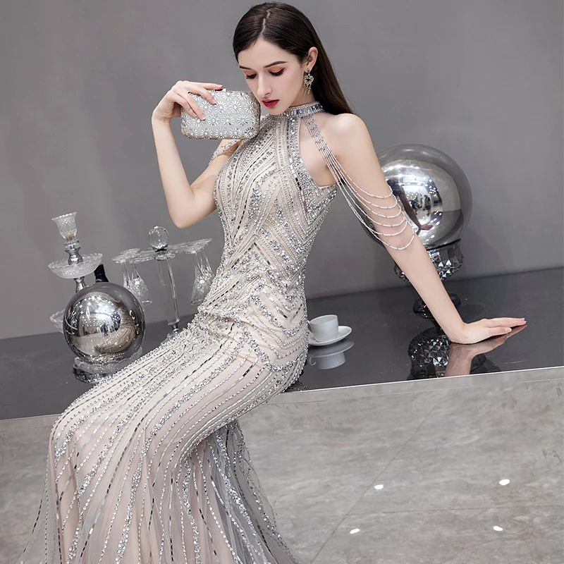 Vestido de festa Бисероплетение Русалка Вечерние платья длинное платье Новая мода высокая шея вечернее платье элегантное платье De Soiree